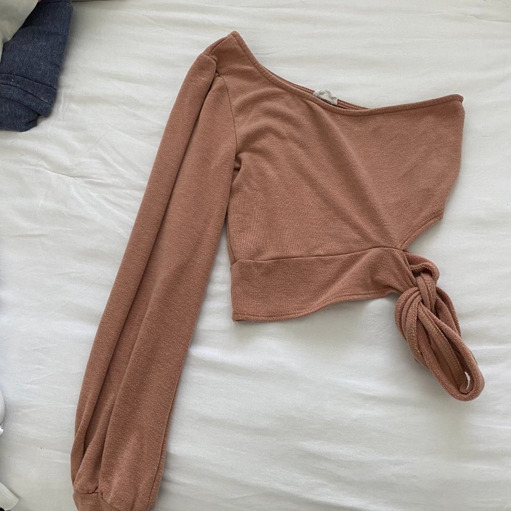 Soft brown one shoulder tie crop top